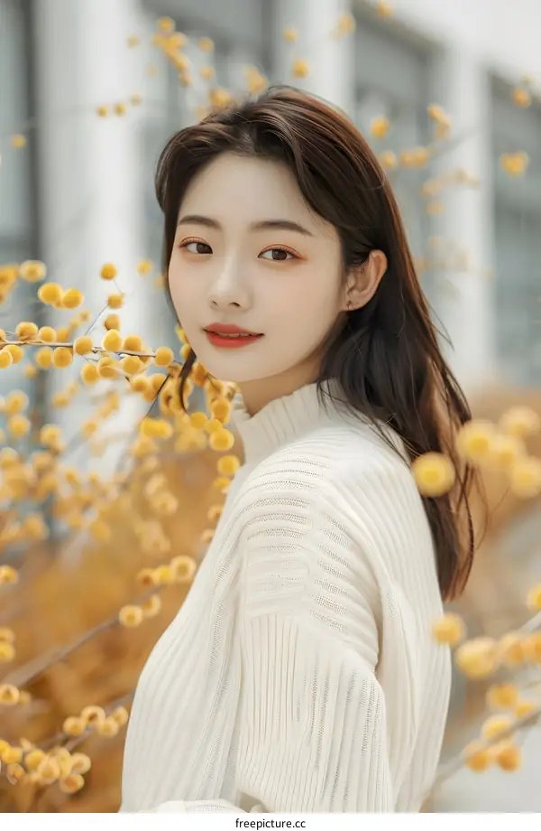 Beautiful Young Woman With Long Hair Wearing White Sweater Posing in Front of Yellow Flowers