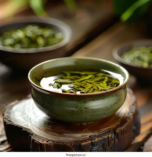 Green tea in a celadon cup on a wooden table