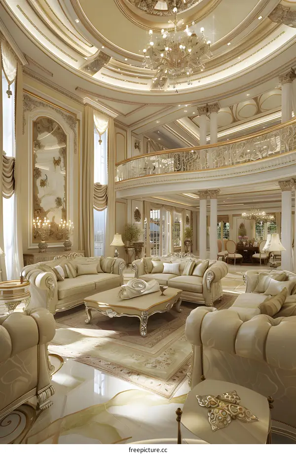 Luxury Living Room Interior Design With Large Chandelier and Ornate Furniture