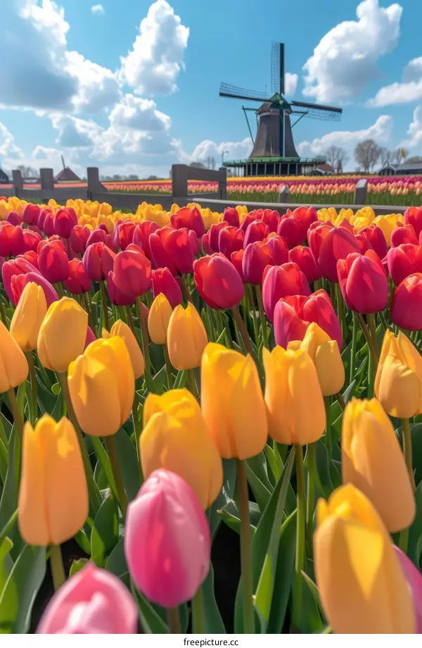 Field of tulips with a windmill in the distance