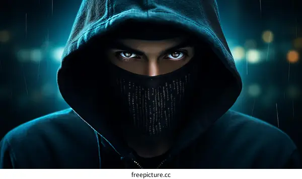 A young man wearing a black hoodie and a mask covering his mouth and nose