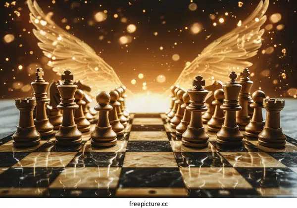 Golden chess pieces with angel wings on a marble chessboard.