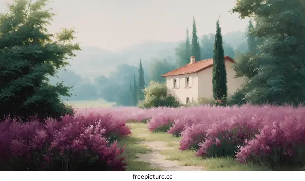 Peaceful Lavender Field and Country Cottage