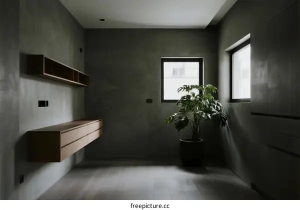 Modern minimalist interior space with concrete walls and wooden shelves