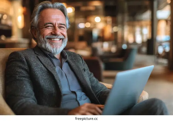 Smiling Senior Man Working on Laptop in Cafe