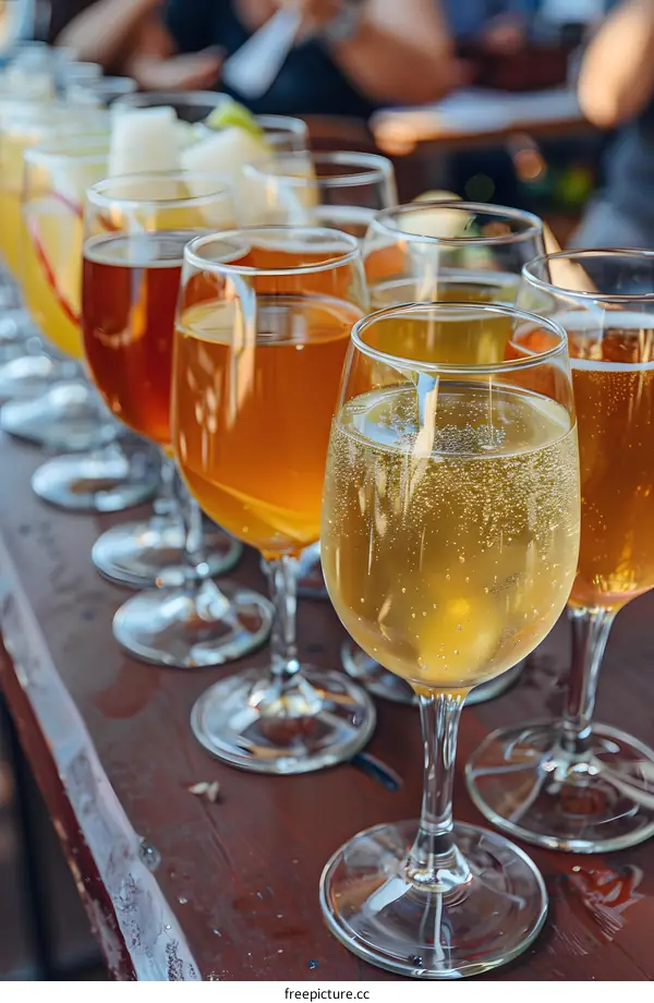 Line of Wine Glasses on Wooden Table with People Blurred in Background