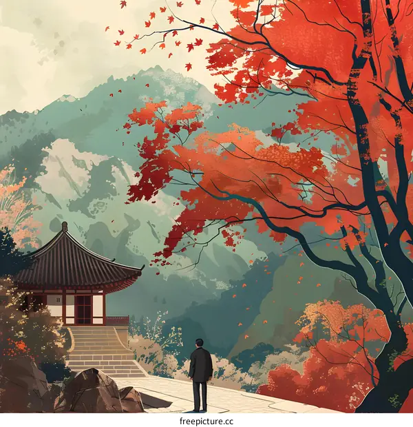 Autumn Landscape with Man Standing on Pathway