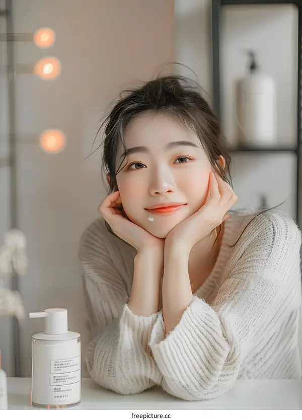 Beautiful Asian Woman Posing with Her Chin Resting on Her Hands Wearing a White Sweater and Looking at the Camera