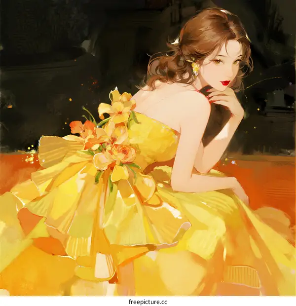 Elegant young woman in yellow floral dress with curly hair