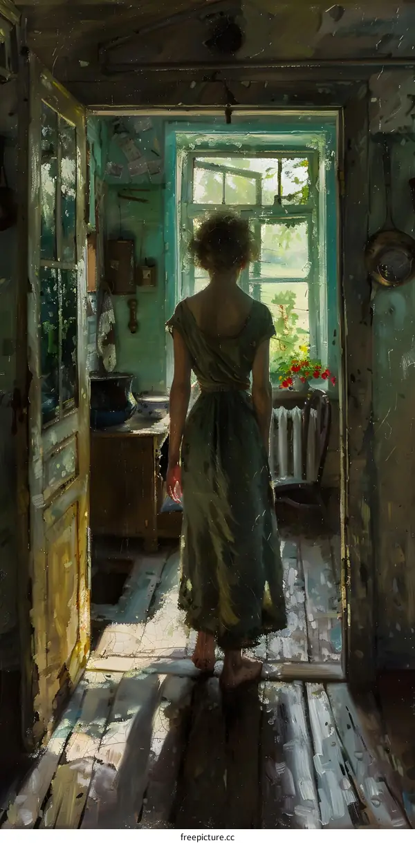 A woman standing in a doorway looking out at a garden