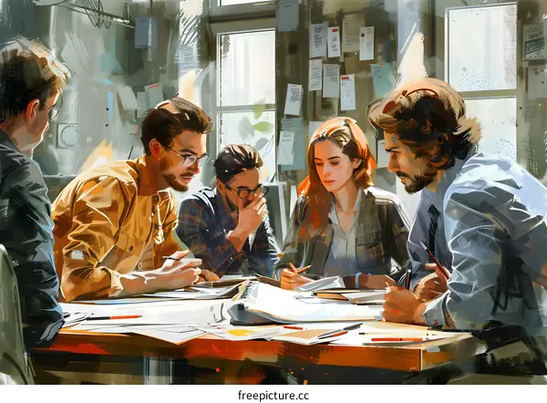 A group of people discussing ideas in a creative workspace