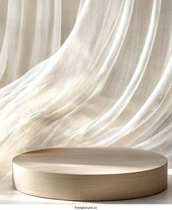 Natural Light Wood Display Stand with Sheer Curtains
