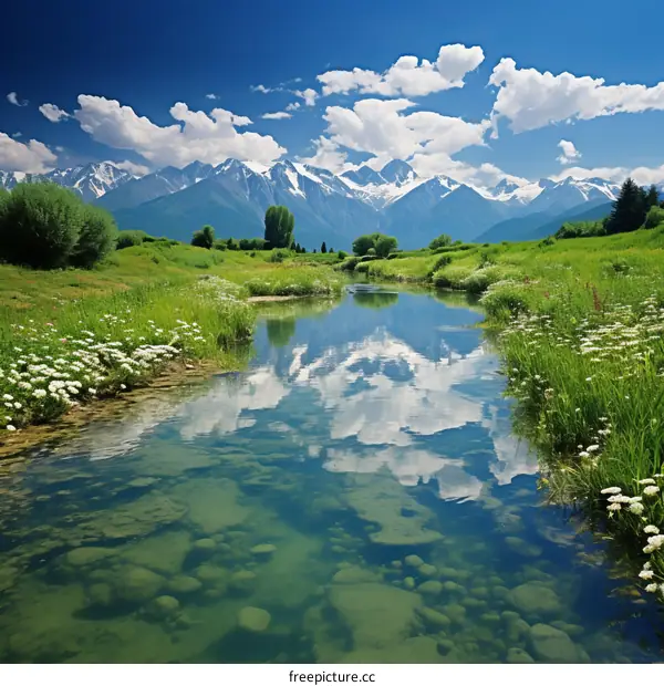 Serene River Flowing Through a Grassland