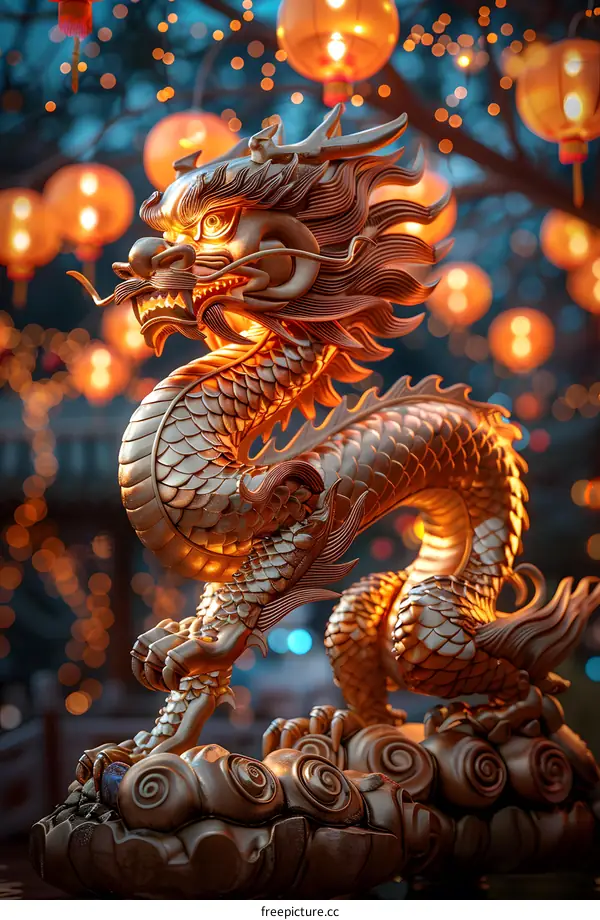 A golden dragon statue with a pearl in its mouth
