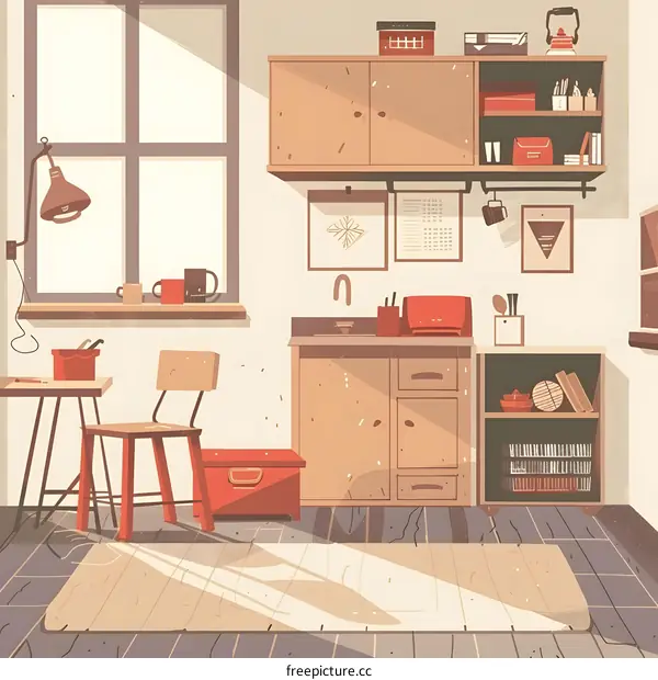 Cozy Kitchen Illustration with Wooden Cabinets and Red Accents