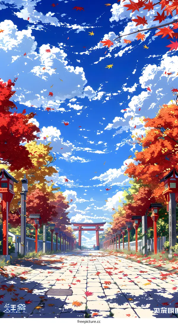 Japanese maple leaves and torii gate in autumn