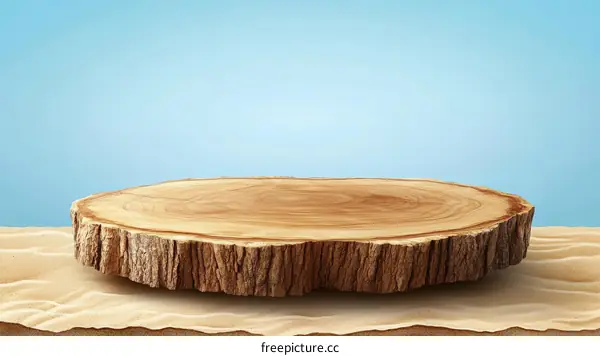 Wooden Tree Stump Display Stand on Sand Background