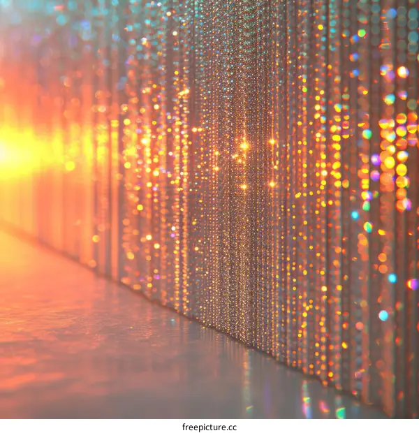 Glittering golden and silver curtain with bright light shining through