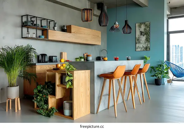 Modern Kitchen with Wooden Cabinets and Teal Walls