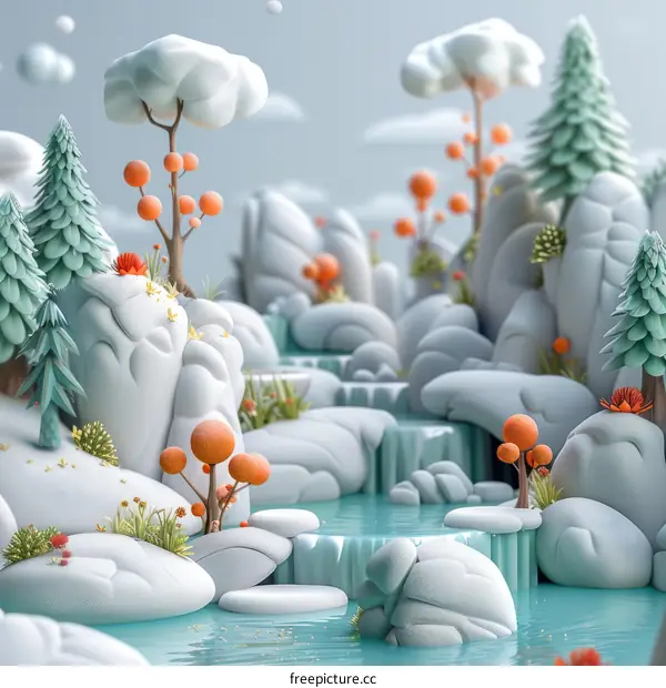 Whimsical 3D Illustration of a Winter Wonderland with Blue Water and Orange Trees