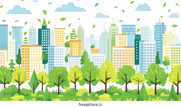 Green Cityscape with Buildings and Trees Illustration