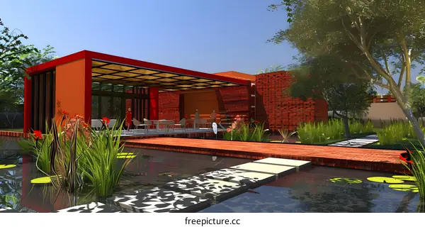 Modern Red Brick House with Pond and Patio