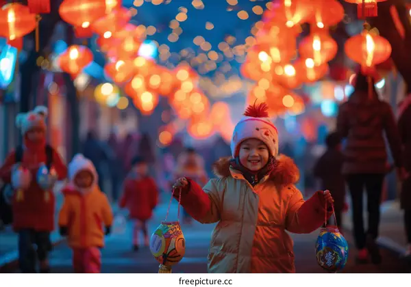 A little girl holding two paper lanterns in a hutong during the Spring Festival