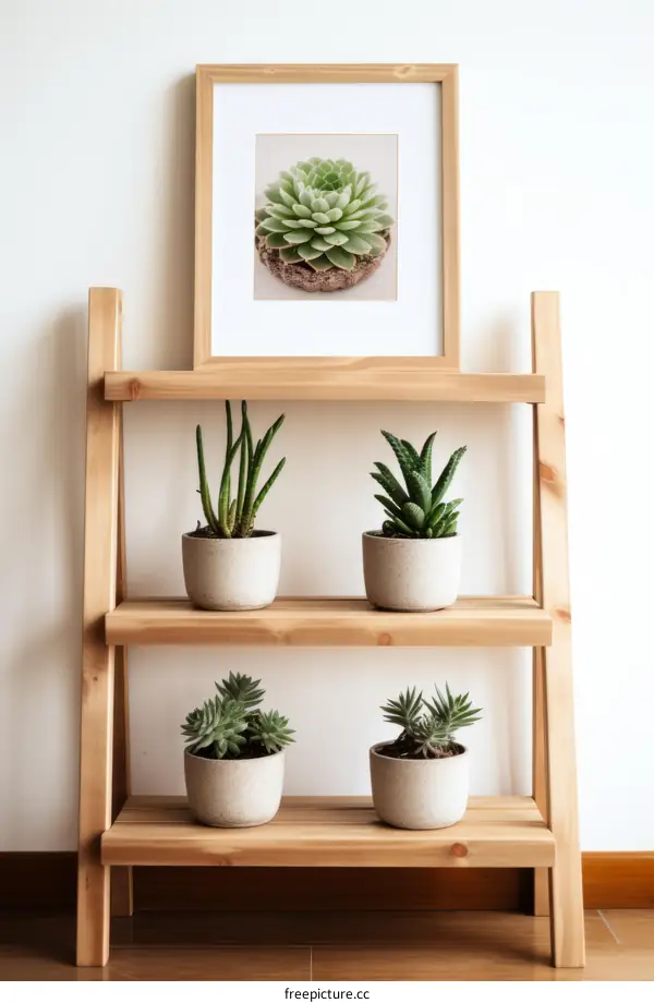 A wooden shelf with four potted plants on it. There is a framed picture of a succulent on the top shelf.
