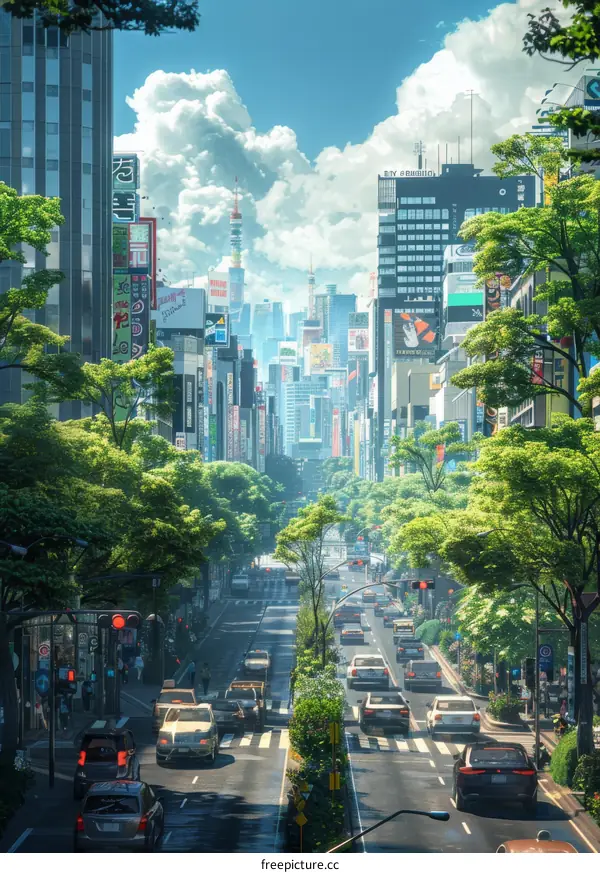 Cityscape with Trees and Cars