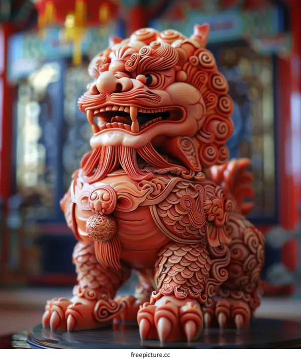 Red Stone Sculpture of a Chinese Guardian Lion