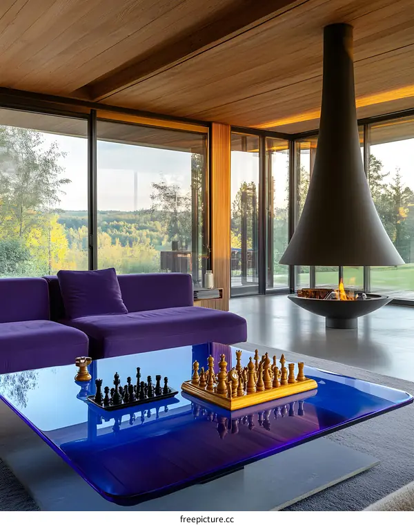 Modern Living Room With Glass Table And Chess Set