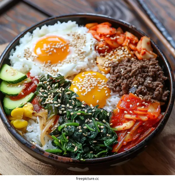 Korean Bibimbap: A Colorful Rice Bowl with Beef, Vegetables, and Egg