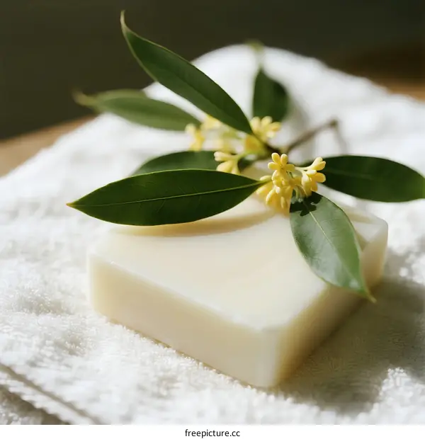 Natural Bar Soap with Fresh Osmanthus Flowers and Green Leaves