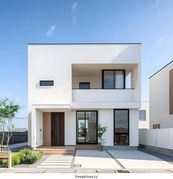 Modern Minimalist White House with Brown Door and Black Windows