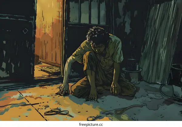 Man Sitting on the Floor in a Dark Room