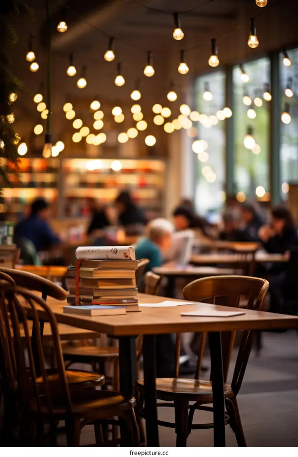 Blurred background of a bookstore with people sitting at tables reading books
