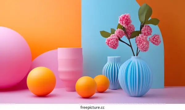 Colorful Still Life with Vases and Flowers on a Colorful Background