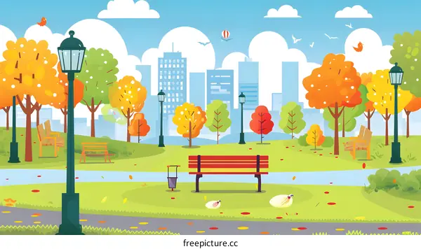 Autumn Park Scene with City Skyline in Background