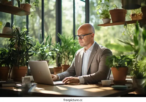 Bald man in a suit working on his laptop in a greenhouse