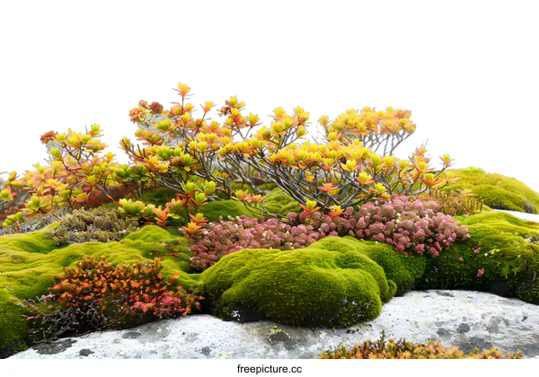 [Transparent Background PNG]Green Moss and Yellow Flowers on a Rock with a White Background