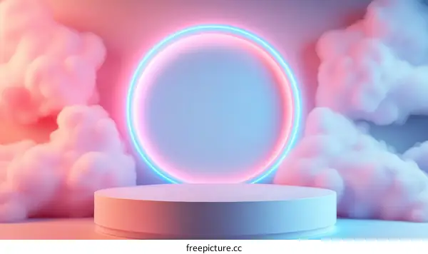 Neon Circle Display Podium with Fluffy Clouds