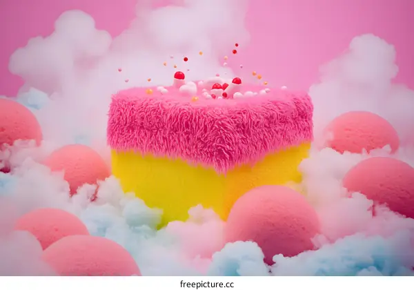 Abstract 3D Furry Cube With Pink and Yellow Colors