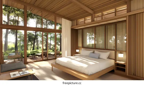 Modern Minimalist Bedroom Interior Design With Large Windows And A View Of The Woods