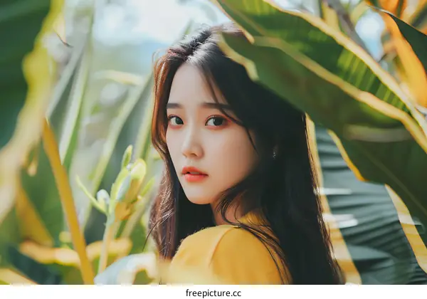 Portrait of a Young Asian Woman with Green Leaves