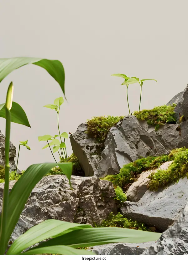 Green Plants Growing on Rocks With Moss