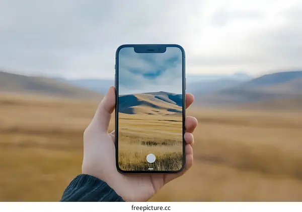 Hand Holding Smartphone Capturing Mountain View Landscape