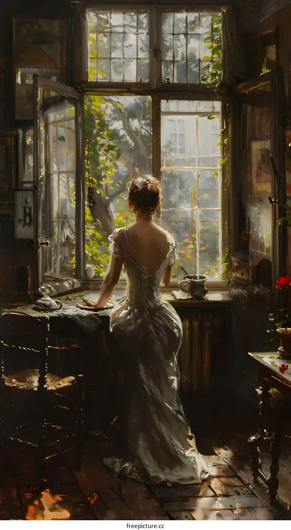 An elegant lady standing by the window