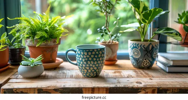 Blue and white polka dot cup on wooden table with green plants in background