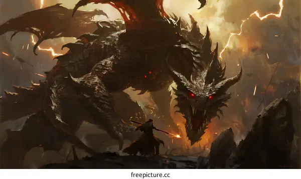 Epic battle between warrior and fearsome black dragon in fiery landscape