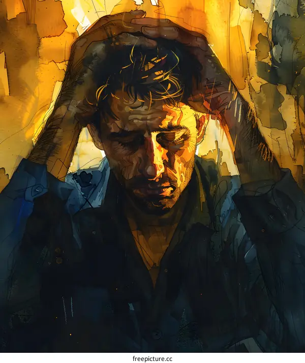 A portrait of a man holding his head in his hands